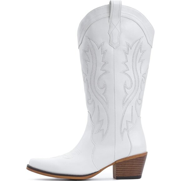 ⚡Women White Faux Leather Western Cowgirl Chunky Heel Mid Calf Snip Toe Boots - Picture 3 of 5